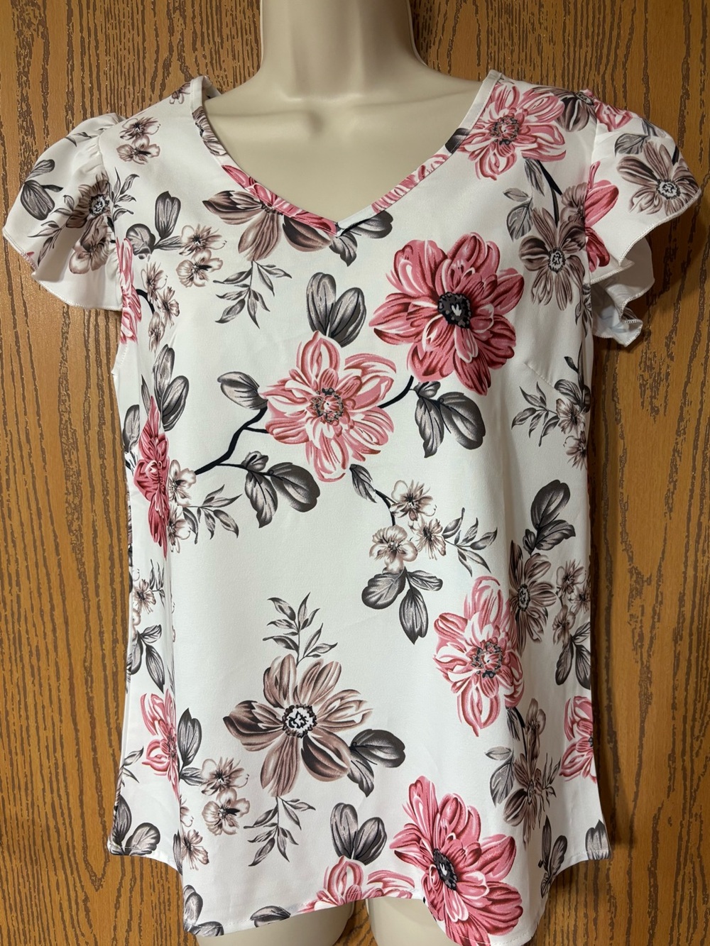 Women's Floral V-Neck Top in White with Pink & Brown Flowers